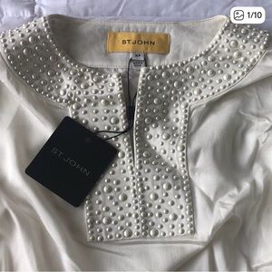 St. John White Pearl-Trim Crewneck Top RARE